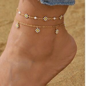 New Gold Daisy And Pearl Chain Anklet Set of Two